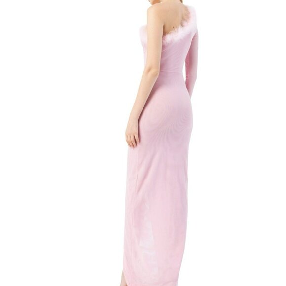 KikiRiki Feathered One Shoulder Front Slit Long Dress Pink Size Small NWT - Picture 3 of 3